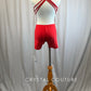 Red Criss Cross Strappy Back and Nude Mesh Biketard -Rhinestones