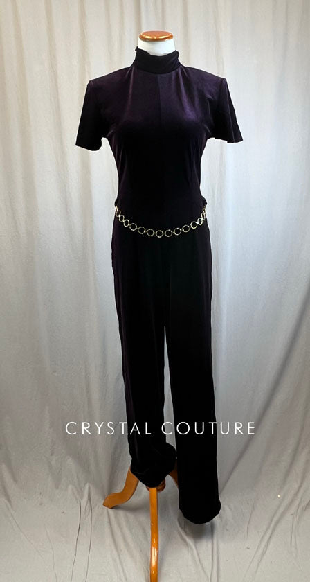 Deep Plum Velvet Mock Neck Wide Leg Unitard with Gold Hoop Belt