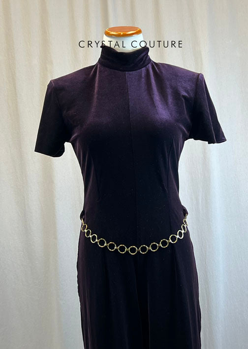 Deep Plum Velvet Mock Neck Wide Leg Unitard with Gold Hoop Belt