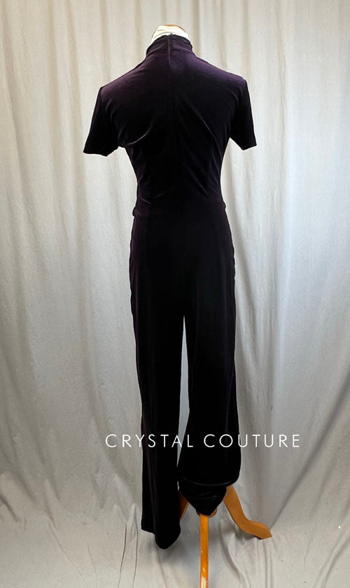Deep Plum Velvet Mock Neck Wide Leg Unitard with Gold Hoop Belt
