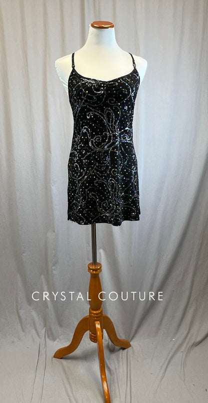 Black and Silver Glitter and Metallic Swirl Short Slit Dress -Rhinestones