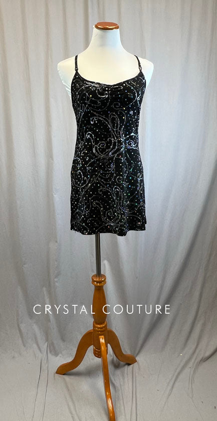 Black and Silver Glitter and Metallic Swirl Short Slit Dress -Rhinestones