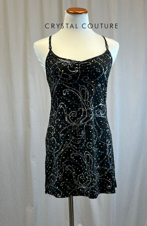 Black and Silver Glitter and Metallic Swirl Short Slit Dress -Rhinestones