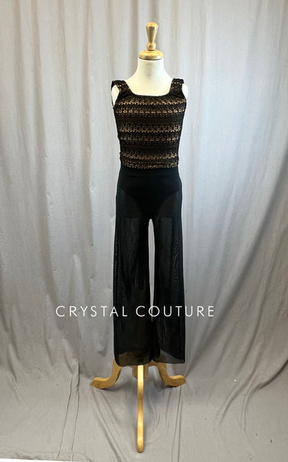 Custom Black and Nude Crop Top and Mesh Wide Leg Pant Set