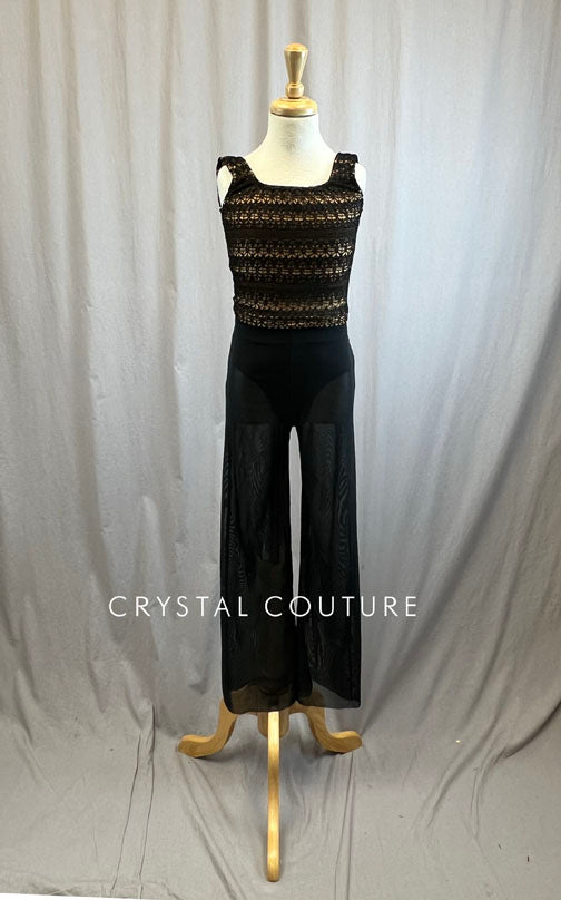 Custom Black and Nude Crop Top and Mesh Wide Leg Pant Set