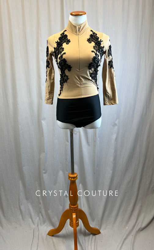 Custom Nude Mock Neck Front Zip Leotard with Black Appliques