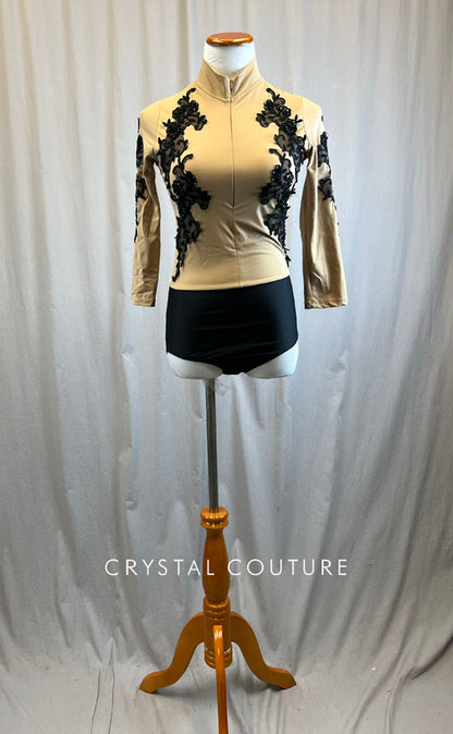 Custom Nude Mock Neck Front Zip Leotard with Black Appliques