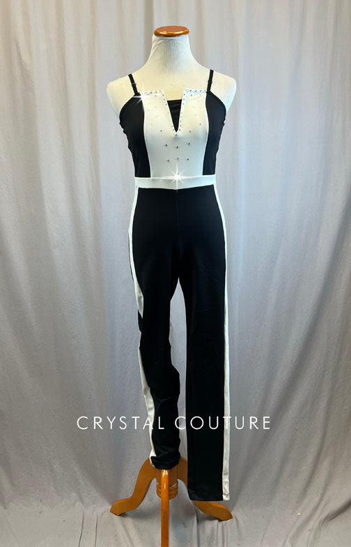 Black and White Lycra Unitard with Black Spaghetti Straps -Rhinestones
