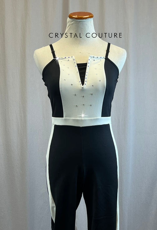 Black and White Lycra Unitard with Black Spaghetti Straps -Rhinestones