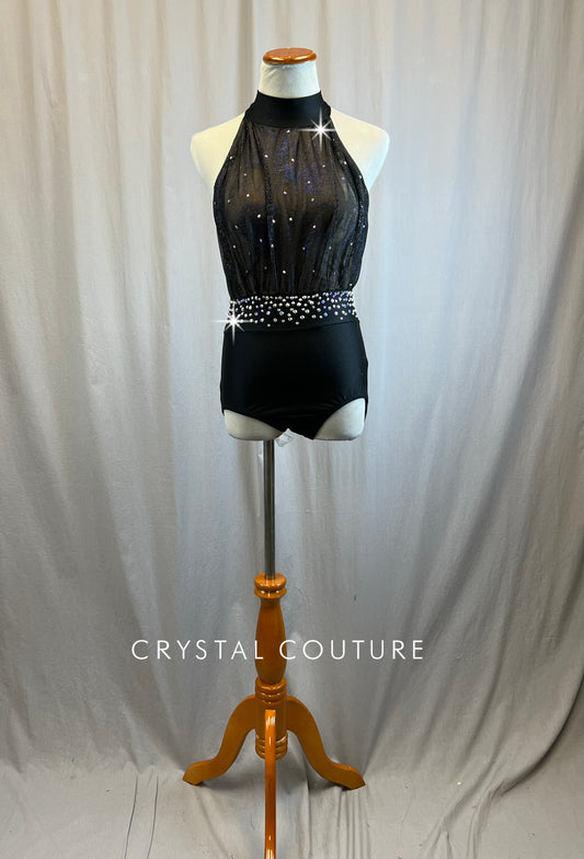 Custom Black and Purple Shimmer Mock Neck Leotard -Rhinestones