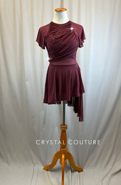 Custom Maroon Flutter Sleeve Lyrical Dress -Rhinestones, Appliques