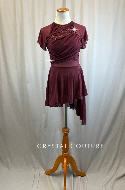 Custom Maroon Flutter Sleeve Lyrical Dress -Rhinestones, Appliques