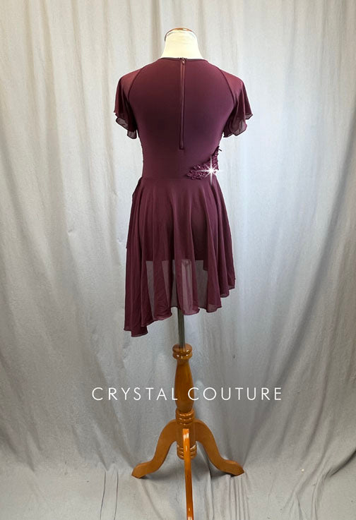 Custom Maroon Flutter Sleeve Lyrical Dress -Rhinestones, Appliques