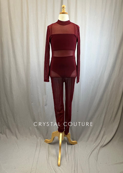 Maroon Mesh Bodysuit with Black Bra Top and Brief