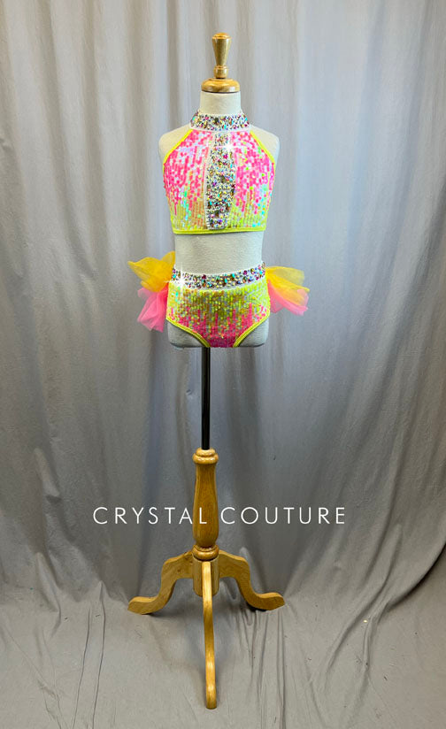 Neon Pink and Yellow Sequin Crop Top and Brief with Tulle Ruffle Skirt Set -Rhinestones and Accessories