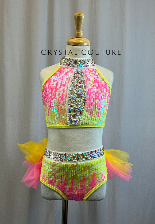 Neon Pink and Yellow Sequin Crop Top and Brief with Tulle Ruffle Skirt Set -Rhinestones and Accessories