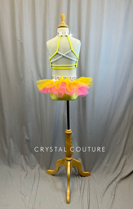 Neon Pink and Yellow Sequin Crop Top and Brief with Tulle Ruffle Skirt Set -Rhinestones and Accessories