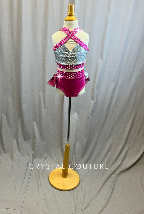 Metallic Hot Pink and Silver Zsa Zsa Set with Metallic Pink Netting Skirt -Rhinestones and hair piece