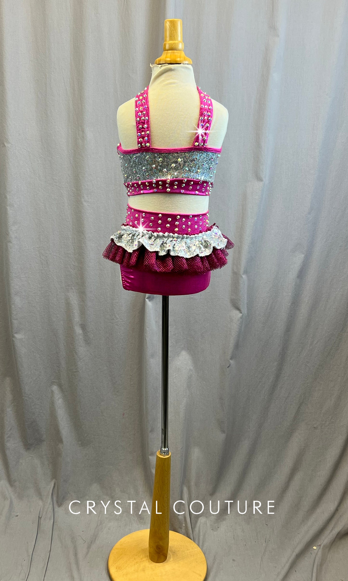 Metallic Hot Pink and Silver Zsa Zsa Set with Metallic Pink Netting Skirt -Rhinestones and hair piece