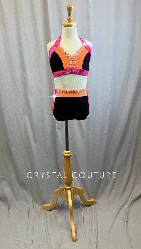 Black, Neon Pink and Neon Orange Color Block Top and Brief set -Rhinestones and Accessories