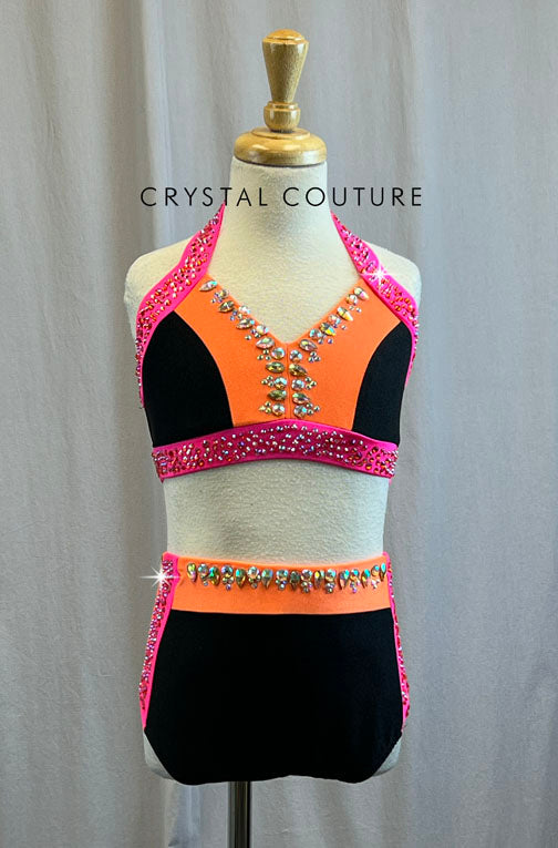 Black, Neon Pink and Neon Orange Color Block Top and Brief set -Rhinestones and Accessories