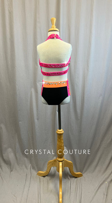Black, Neon Pink and Neon Orange Color Block Top and Brief set -Rhinestones and Accessories