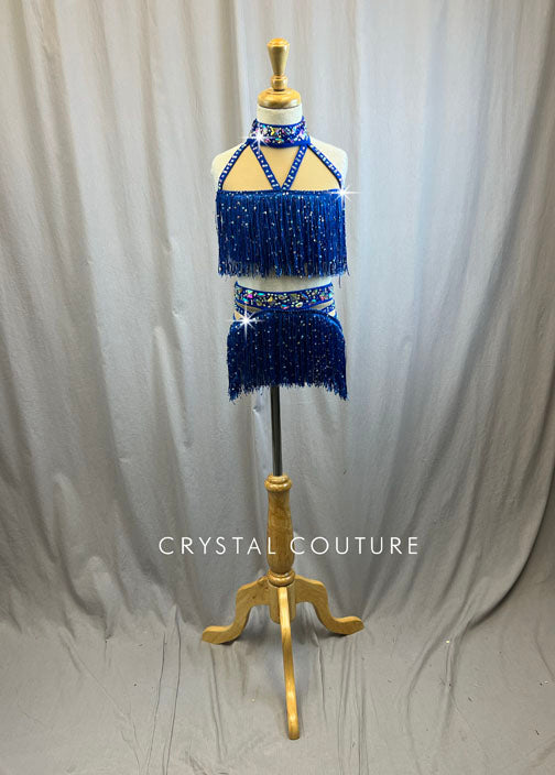 Royal Blue Sequin Fringe Crop Top and Brief Set -Rhinestones