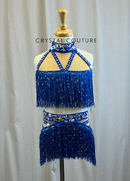Royal Blue Sequin Fringe Crop Top and Brief Set -Rhinestones
