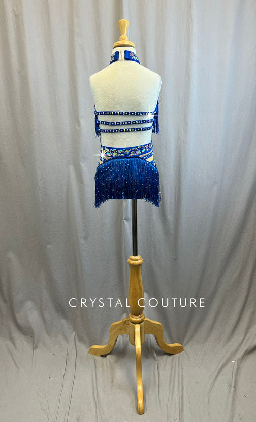 Royal Blue Sequin Fringe Crop Top and Brief Set -Rhinestones
