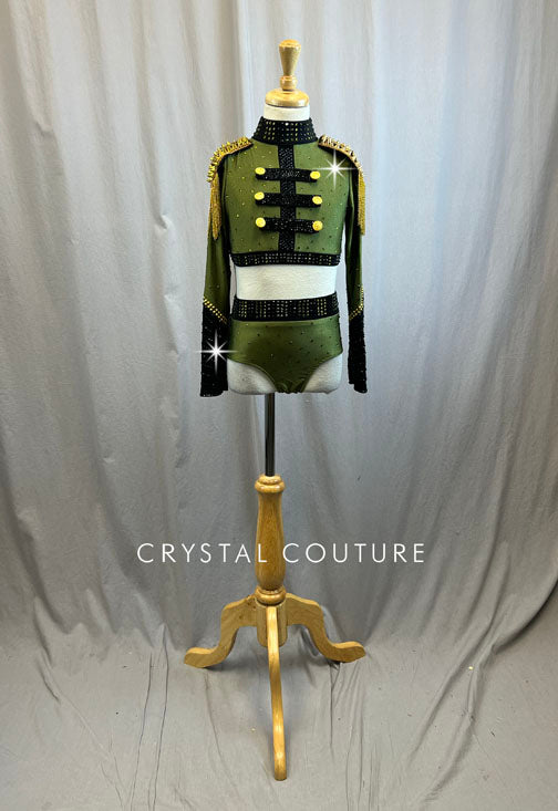 Army Green, Black, Gold Military Style with Decorative Spike and Tassel Shoulder Pads -Rhinestones and Hairpiece