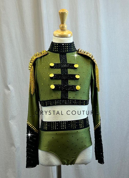 Army Green, Black, Gold Military Style with Decorative Spike and Tassel Shoulder Pads -Rhinestones and Hairpiece