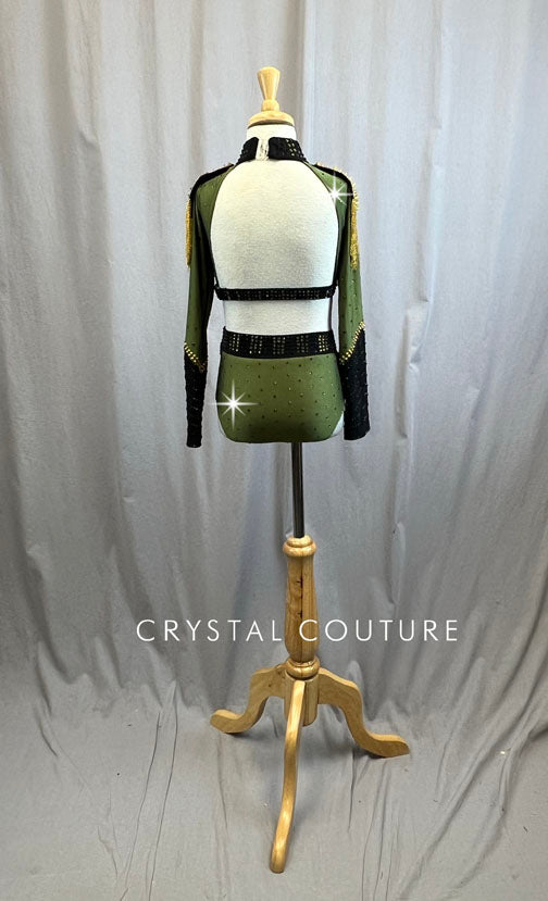 Army Green, Black, Gold Military Style with Decorative Spike and Tassel Shoulder Pads -Rhinestones and Hairpiece