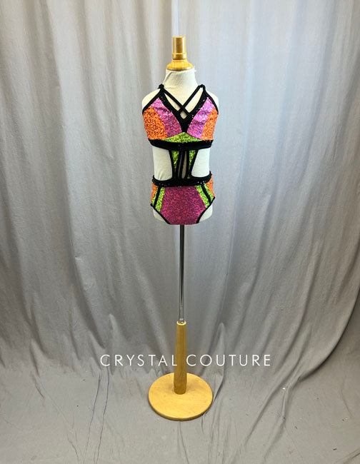 Black/Pink/Orange/Green Zsa Zsa Color Block Strappy Leotard with Cutouts