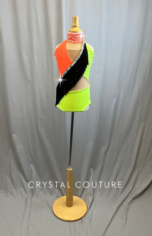 Neon Orange and Yellow Mock Neck Leotard with Black Fringe Accent -Rhinestones