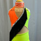 Neon Orange and Yellow Mock Neck Leotard with Black Fringe Accent -Rhinestones