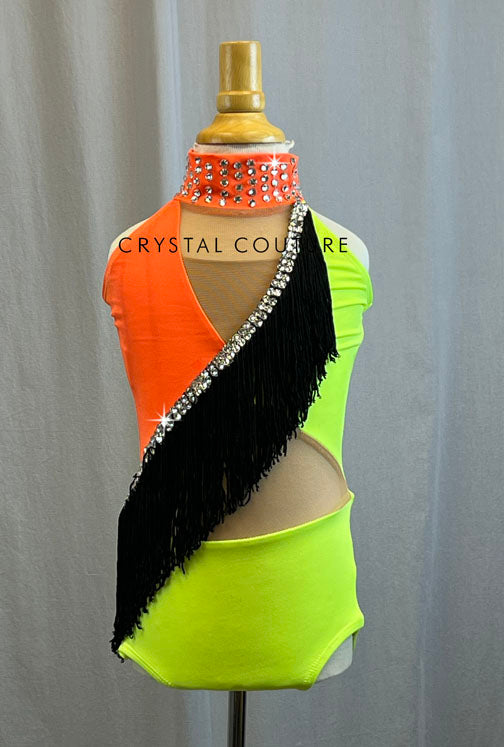 Neon Orange and Yellow Mock Neck Leotard with Black Fringe Accent -Rhinestones