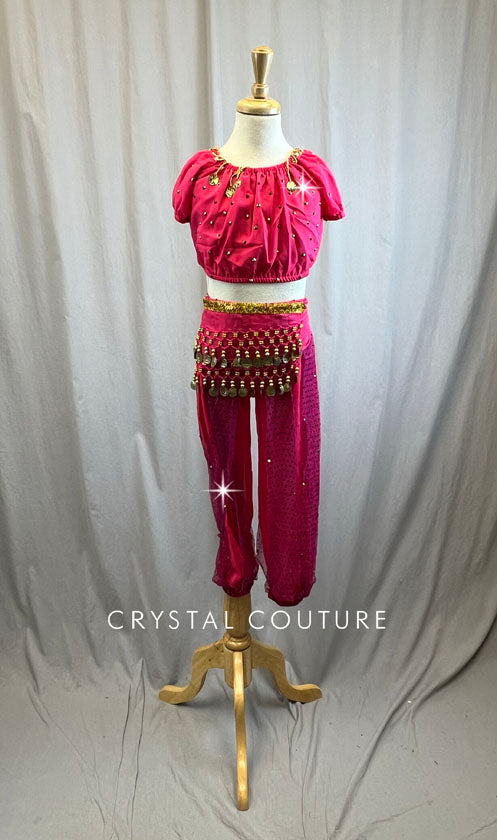 Fuchsia Genie Costume with Coin Belly Dance Hip Scarf -Rhinestones and Accessories