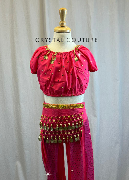 Fuchsia Genie Costume with Coin Belly Dance Hip Scarf -Rhinestones and Accessories
