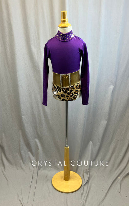 Deep Purple Mock Neck Leotard with Belt and Cheetah Print Bottom -Rhinestones and Accessories