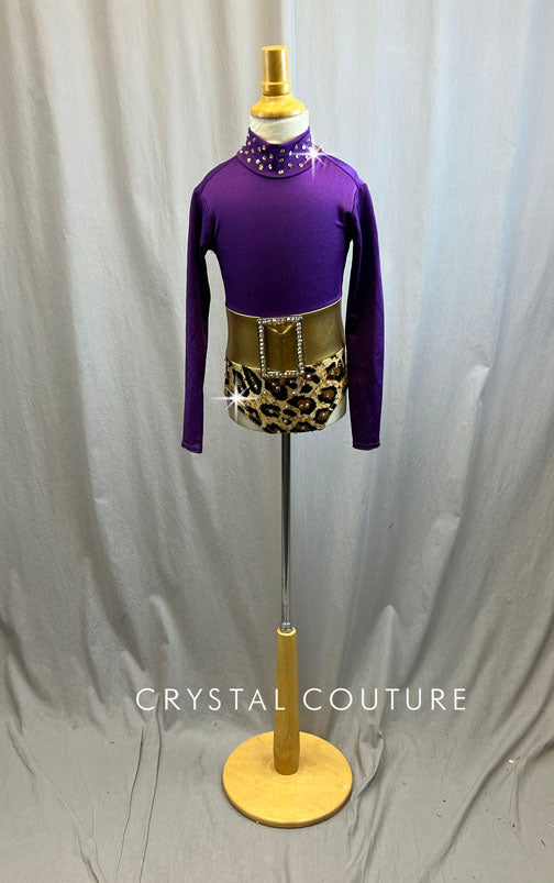 Deep Purple Mock Neck Leotard with Belt and Cheetah Print Bottom -Rhinestones and Accessories