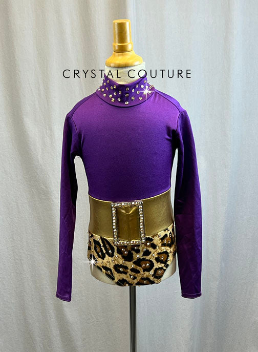 Deep Purple Mock Neck Leotard with Belt and Cheetah Print Bottom -Rhinestones and Accessories