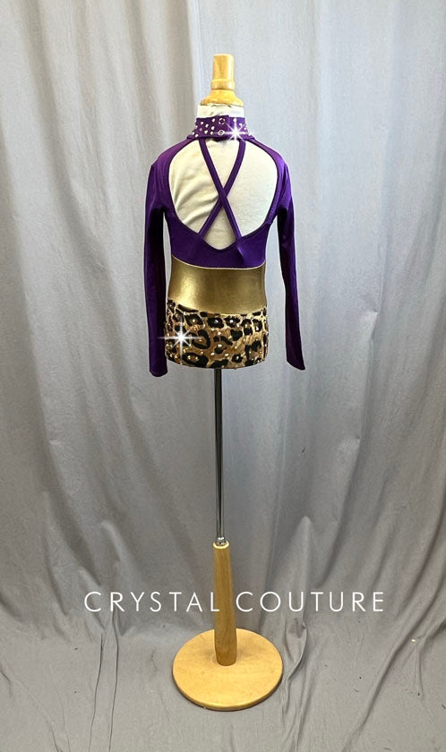 Deep Purple Mock Neck Leotard with Belt and Cheetah Print Bottom -Rhinestones and Accessories