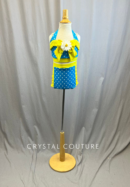 Blue, Yellow, and White Daisy and Polka Dot Two Piece with Ruffled Trunks -Hairpiece