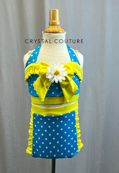 Blue, Yellow, and White Daisy and Polka Dot Two Piece with Ruffled Trunks -Hairpiece
