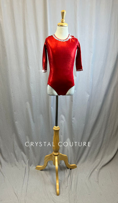 Metallic Red 3/4 Length Sleeve leotard -Rhinestones and Hair Piece