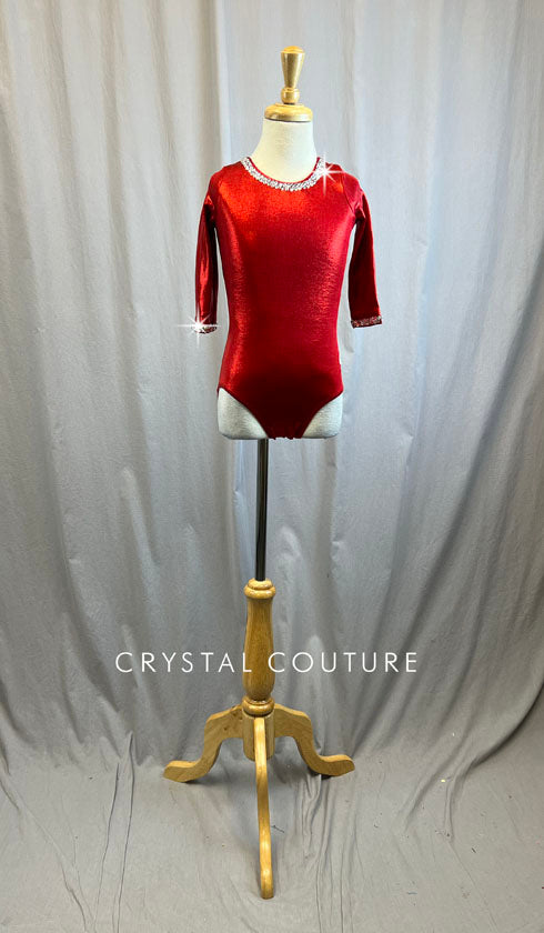 Metallic Red 3/4 Length Sleeve leotard -Rhinestones and Hair Piece