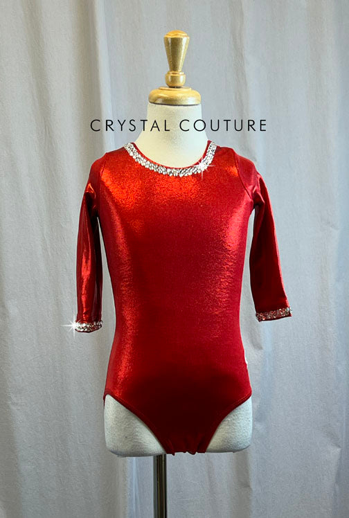 Metallic Red 3/4 Length Sleeve leotard -Rhinestones and Hair Piece