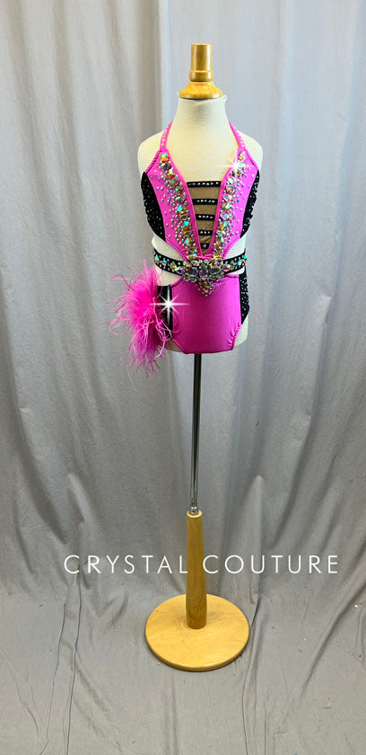Hot Pink and Black Cutout Leotard with Feather Bustle -Rhinestones and Accessories