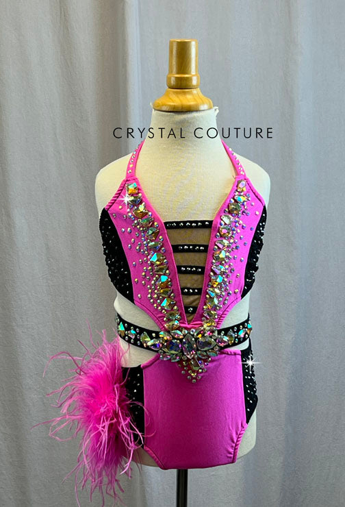 Hot Pink and Black Cutout Leotard with Feather Bustle -Rhinestones and Accessories