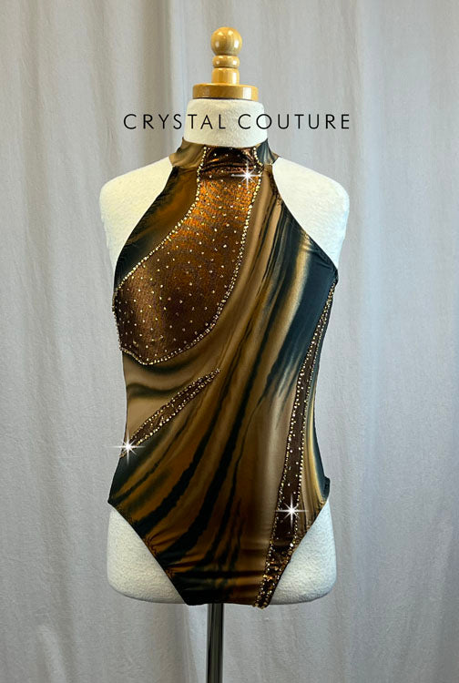 Custom Metallic Copper and Black Striped Leotard -Rhinestones